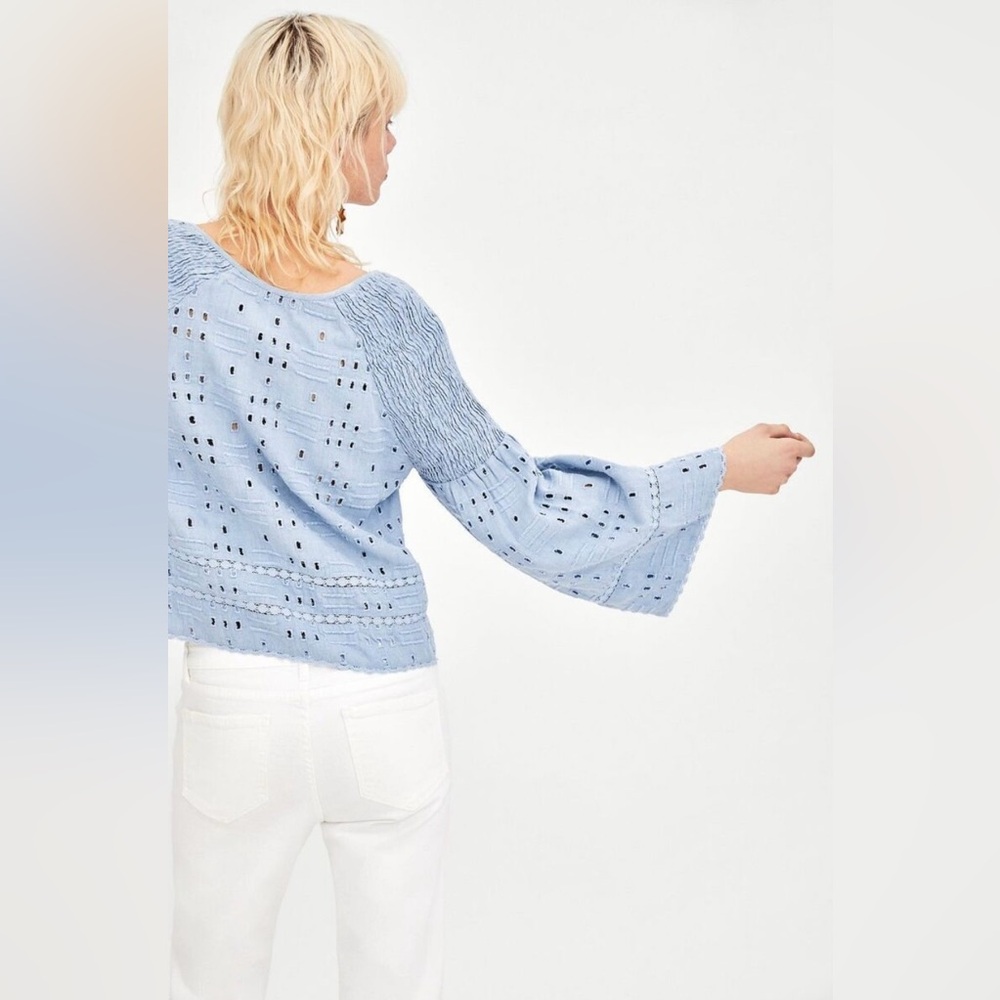 Zara trf Collection Pale Blue Eyelet Button Down, Front Tie Bell Sleeve Top. XS